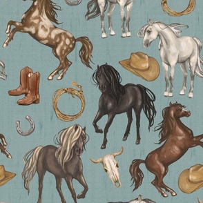 Wild Mustang Horses on Warm Blue, Cowboy Hats and Boots, Lasso, Horse Shoe, Cow Skull