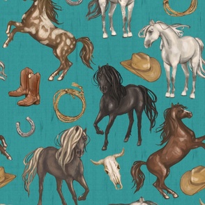 Wild Mustang Horses on Dark Turquoise Blue, Cowboy Hats and Boots, Lasso, Horse Shoe, Cow Skull, Large Scale