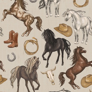 Wild Mustang Horses on Parchment Tan, Cowboy Hats and Boots, Lasso, Horse Shoe, Cow Skull, Large Scale