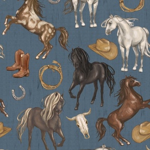 Wild Mustang Horses on Dark Slate Blue, Cowboy Hats and Boots, Lasso, Horse Shoe, Cow Skull, Large Scale