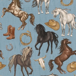 Wild Mustang Horses on Blue Denim, Cowboy Hats and Boots, Lasso, Horse Shoe, Cow Skull, Large Scale