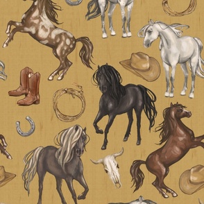 Wild Mustang Horses on Camel Yellow, Cowboy Hats and Boots, Lasso, Horse Shoe, Cow Skull, Large Scale