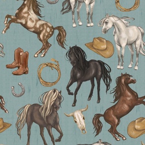 Wild Mustang Horses on Warm Aquamarine Blue, Cowboy Hats and Boots, Lasso, Horse Shoe, Cow Skull, Large Scale