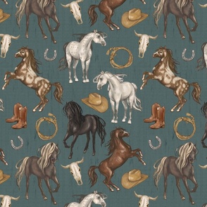 Wild Mustang Horses on Dark Teal Blue, Cowboy Hats and Boots, Lasso, Horse Shoe, Cow Skull, Medium Scale
