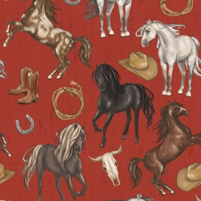 Wild Mustang Horses on Barn Red, Cowboy Hats and Boots, Lasso, Horse Shoe, Cow Skull, Large Scale
