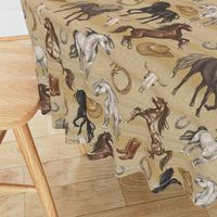 Wild Mustang Horses on Dark Green Yellow Sandstone, Cowboy Hats and Boots, Lasso, Horse Shoe, Cow Skull, Medium Scale