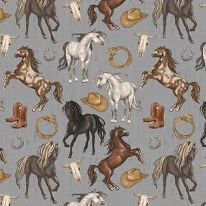 Wild Mustang Horses on Gray, Cowboy Hats and Boots, Lasso, Horse Shoe, Cow Skull, Medium Scale