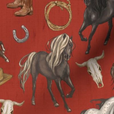 Wild Mustang Horses on Dark GreenBarn Red, Cowboy Hats and Boots, Lasso, Horse Shoe, Cow Skull, Medium Scale
