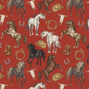 Wild Mustang Horses on Dark GreenBarn Red, Cowboy Hats and Boots, Lasso, Horse Shoe, Cow Skull, Medium Scale