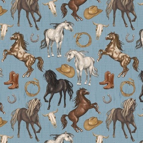 Wild Mustang Horses on Denim Blue, Cowboy Hats and Boots, Lasso, Horse Shoe, Cow Skull, Medium Scale