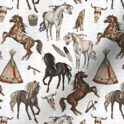 Native American Horses, Indian Ponies, Teepee, wolf, cow skull, arrow, feathers, on White, Small Scale
