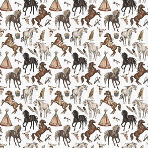 Native American Horses, Indian Ponies, Teepee, wolf, cow skull, arrow, feathers, on White, Small Scale