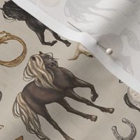 Wild Mustang Horses on Parchment Tan, Cowboy Hats and Boots, Lasso, Horse Shoe, Cow Skull, Small Scale