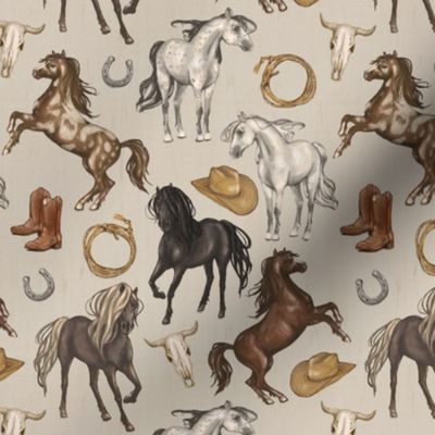 Wild Mustang Horses on Parchment Tan, Cowboy Hats and Boots, Lasso, Horse Shoe, Cow Skull, Small Scale