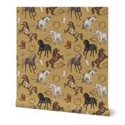Wild Mustang Horses on Golden Camel Yellow, Cowboy Hats and Boots, Lasso, Horse Shoe, Cow Skull, Medium Scale