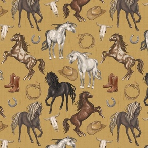 Wild Mustang Horses on Golden Camel Yellow, Cowboy Hats and Boots, Lasso, Horse Shoe, Cow Skull, Medium Scale