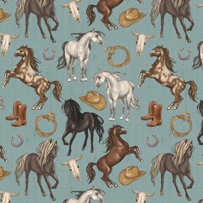 Wild Mustang Horses on Warm Aquamarine Blue, Cowboy Hats and Boots, Lasso, Horse Shoe, Cow Skull, Medium Scale