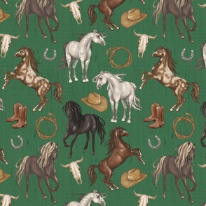 Wild Mustang Horses on Dark Green, Cowboy Hats and Boots, Lasso, Horse Shoe, Cow Skull, Medium Scale