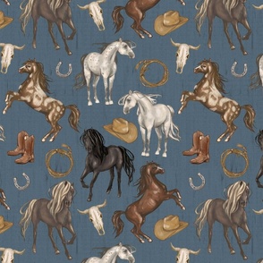 Wild Mustang Horses on Dark Blue Slate, Cowboy Hats and Boots, Lasso, Horse Shoe, Cow Skull, Medium Scale
