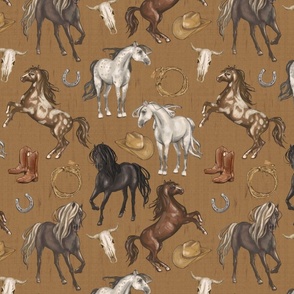 Wild Mustang Horses on Warm Brown, Cowboy Hats and Boots, Lasso, Horse Shoe, Cow Skull, Medium Scale