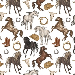 Wild Mustang Horses on White, Cowboy Hats and Boots, Lasso, Horse Shoe, Cow Skull, Medium Scale