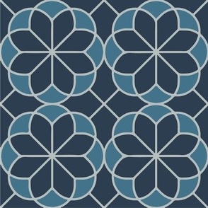 Geometric Flowers - Naval + Inky Blue +Silver