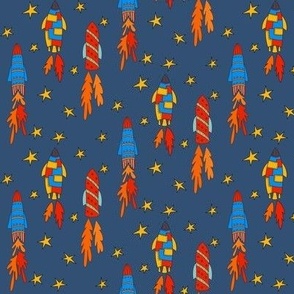 Rocket space ships flying to the stars small scale all in line - for wallpaper, bed linen, nursery curtains, baby accessories
