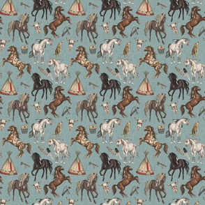 Native American Horses, Indian Ponies, Teepee, wolf, cow skull, arrow, feathers, on Warm Aqua Blue, Small Scale