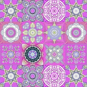 Ethnic faux patchwork with honeydew, lilac and sky blue on shocking pink background