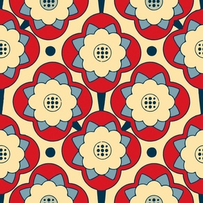 Geometric Water Lily Flowers on Red and Blue / Large Scale