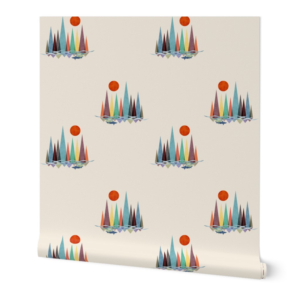Pearl Geometric Pattern of Mountains, Sea, and a Shark
