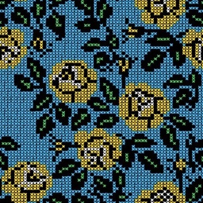 Cross-Stitched Roses (Yellow and Blue)