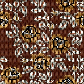 Cross-Stitched Roses (Brown Palette)