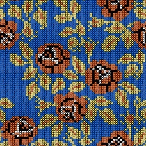 Cross-Stitched Roses (Cobalt and Orange)