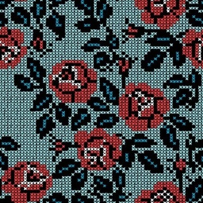 Cross-Stitched Roses (Deep Coral and Teal)