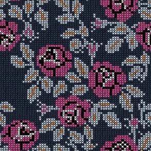 Cross-Stitched Roses (Navy and Pink Palette)