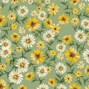 Vintage Boho Disty Flowers Daisies Green 70s