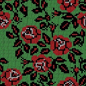 Cross-Stitched Roses (Red and Green)