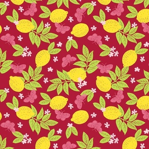 La Dolce Vita - Lemons and Butterflies on Red - Medium Scale