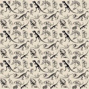 Dinosaurs and Skeletons, Black on Cream, SMALL VERSION