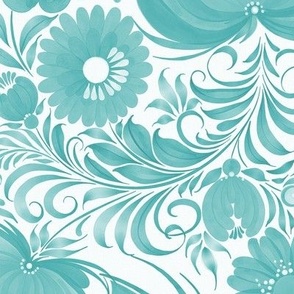 Large // Folk art style florals and butterflies in teal