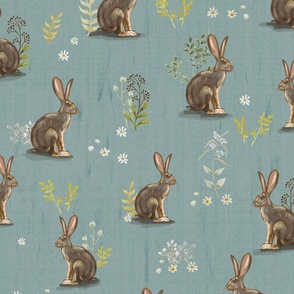 Desert Jackrabbits Sagebrush on Aquamarine Warm Blue, Large Scale