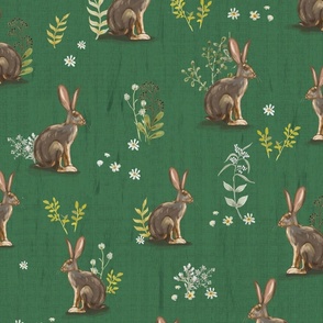 Desert Jackrabbits Sagebrush on Dark Green, Large Scale