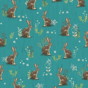 Desert Jackrabbits Sagebrush on Dark Aqua Blue, Small Scale