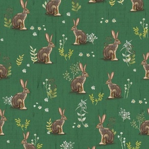 Desert Jackrabbits Sagebrush on Dark Green, Small Scale