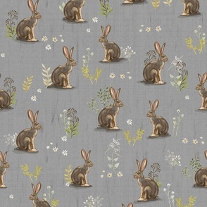 Desert Jackrabbits Sagebrush on Medium Gray, Small Scale