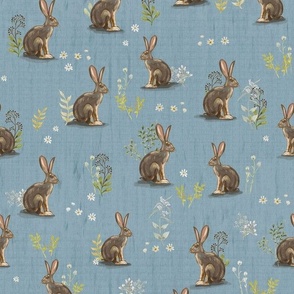 Desert Jackrabbits Sagebrush on Denim Blue, Small Scale