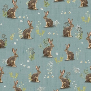 Desert Jackrabbits Sagebrush on Turquoise Blue , Small Scale