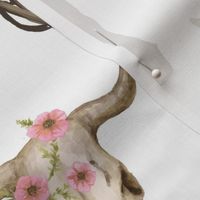 Running Horses Cow Skull Cowboy Hats & Boots,  Pink Wildflowers on White, Large Scale