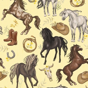 Running Horses Cow Skull Cowboy Hats & Boots,  Yellow Wildflowers on Buttercream Yellow, L